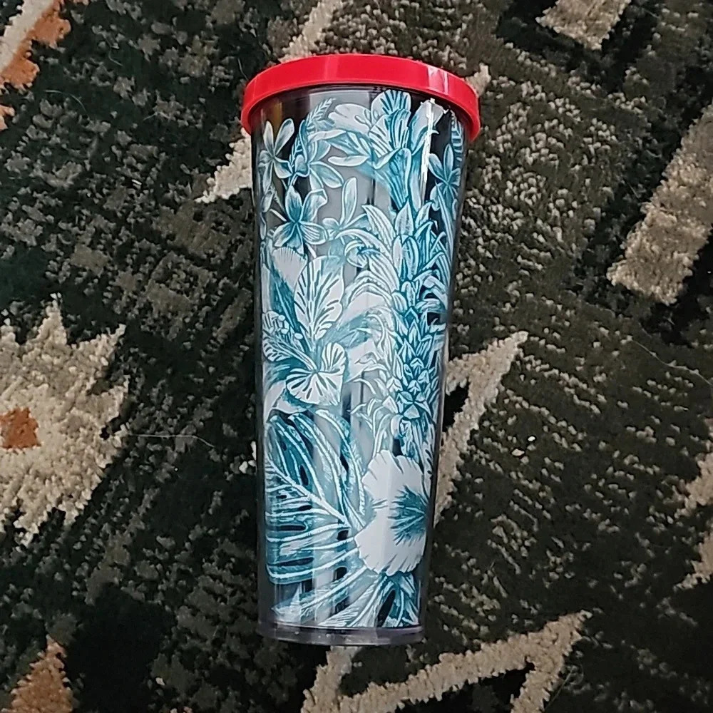 Starbucks Venti Tumbler Cup 24oz Blue Tropical Flowers rare